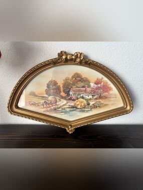 Vintage Homco Home Interiors 1981 Gold Fan Frame Landscape Print No 3250